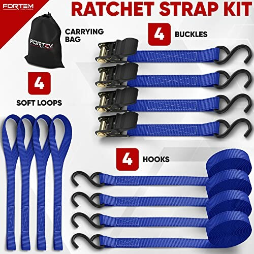 Ratchet strap kit with 4 buckles, hooks, soft loops, and carrying bag.