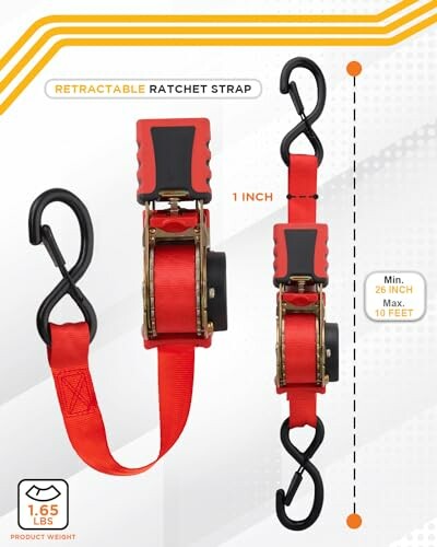 Red retractable ratchet strap with hooks and dimensions